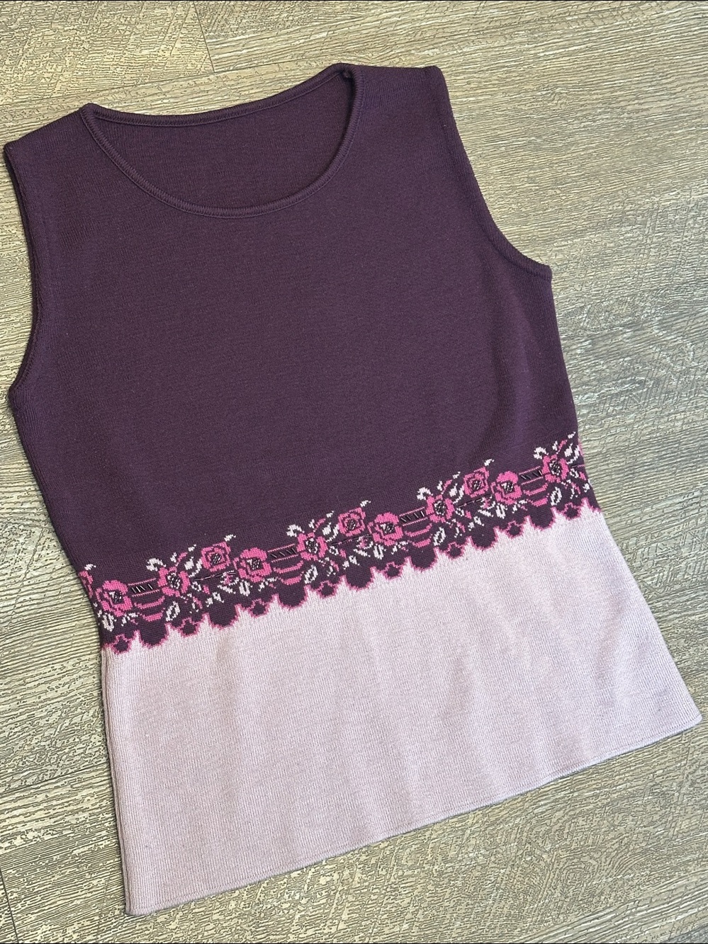 Gorgeous Purple Wool Blend Sleeveless Knit Top with Beaded Pink Floral Band Sz S